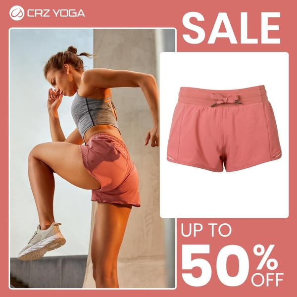 A 1:1 square ad layout featuring a high-energy action shot on the left paired with a crisp, isolated product image of running shorts on the right.
